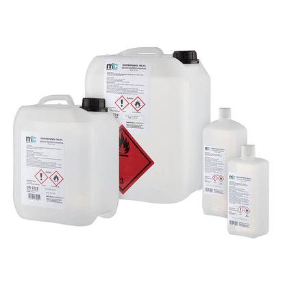 Isopropanol 99,9 % Reinigungsalkohol: mehrere Kunststoffgebinde mit Sicherheitsaufklebern