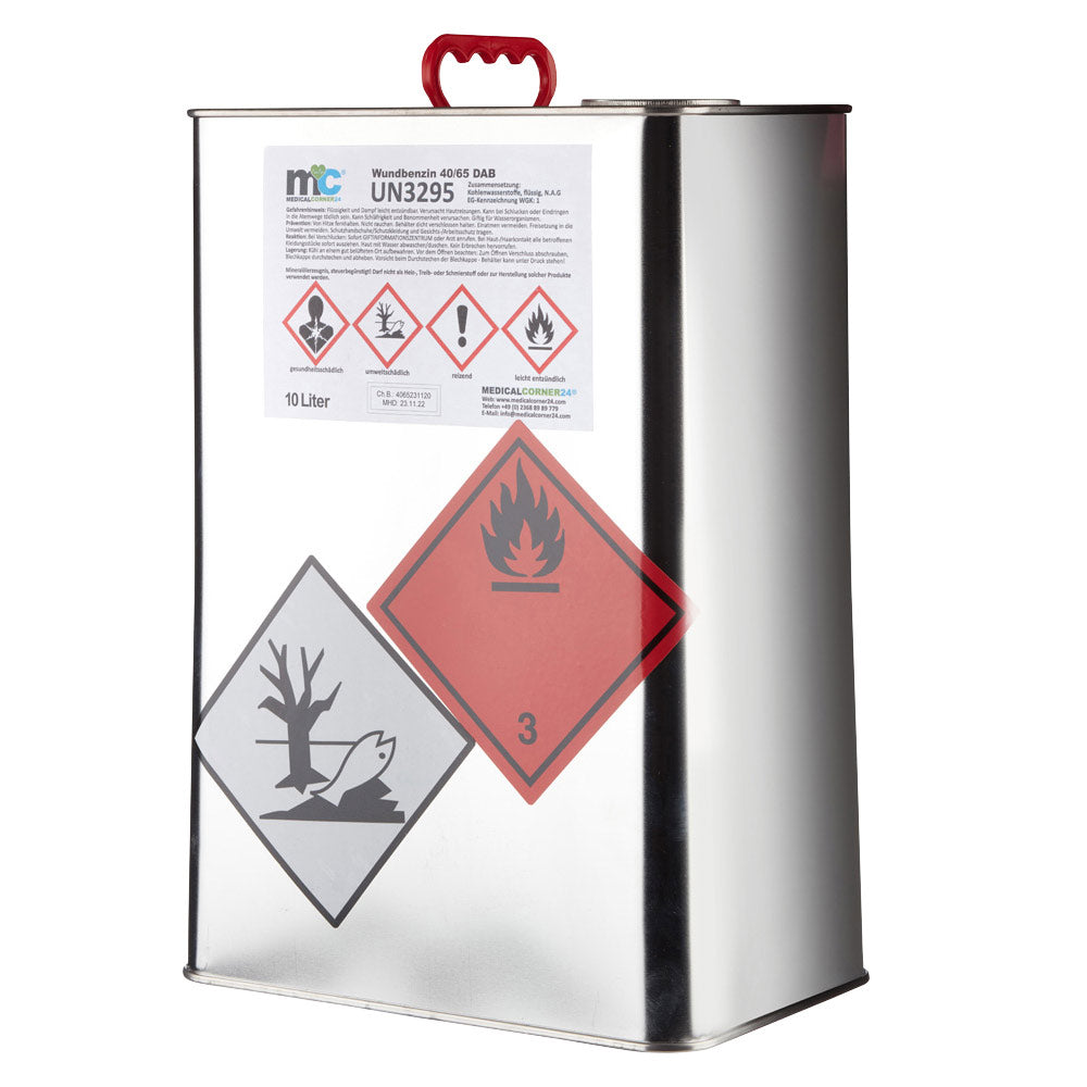 MC24 Wundbenzin 40/65 Metallkanister, UN3295, 10-Liter, Gefahrpiktogramme