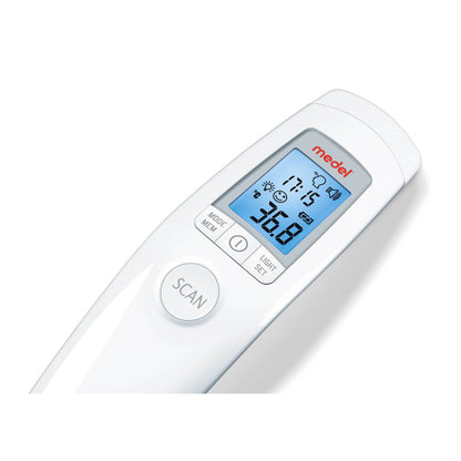 Kontaktloses Fieberthermometer von Medel mit „SCAN“-Taste und blauem LCD