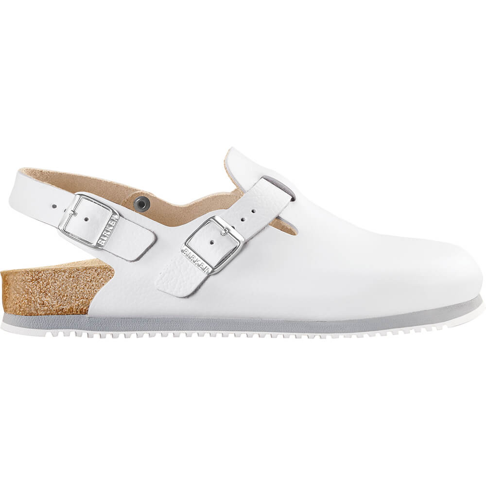 Birkenstock Tokio SL Clog weiß, seitliche Ansicht mit Doppel-Schnalle und Fersenriegel