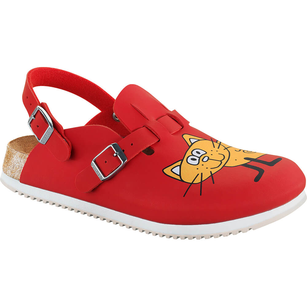 Rote Birkenstock-Clogs mit Katzenmotiv, seitlich mit zwei Riemen und Schnallen
