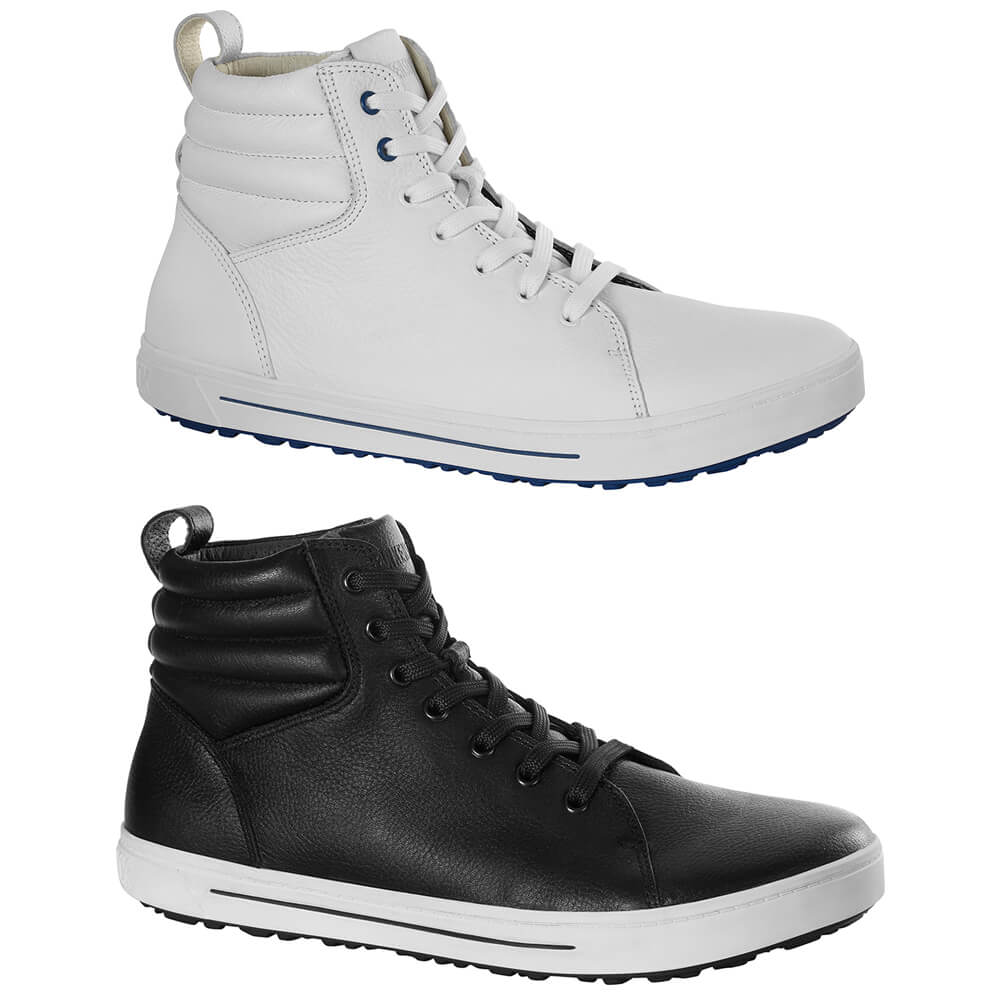 Weißer Hochschaftschuh aus Naturleder, Schnürung mit blauen Ösen und gepolsterter Zunge