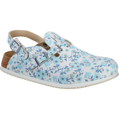 Birkenstock Clog Hellblau mit Blumenprint, zwei Metall-Schnallen vorn