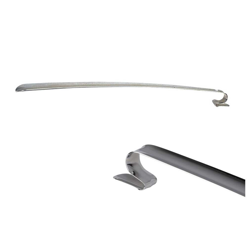 Schuhanzieher mit gebogener Metallspitze und breitem Griff, grau, Öse seitlich