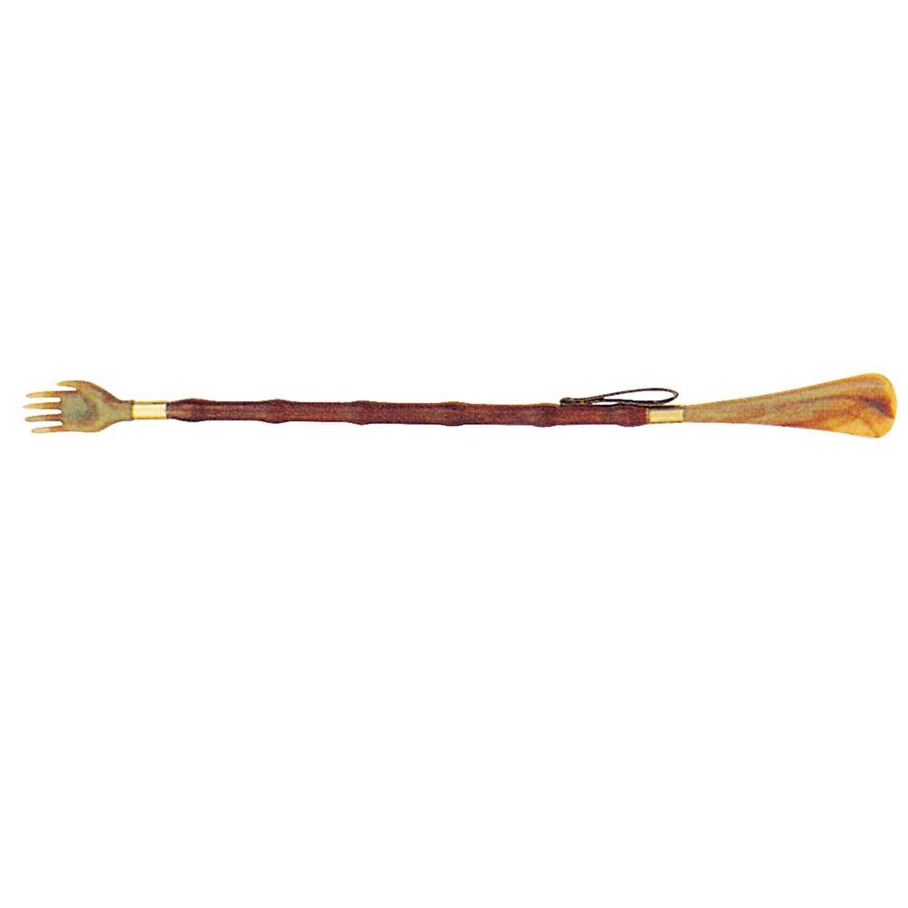 Schuhanzieher mit Holzgriff und breitem Gabelende, braun, mit Öse am Stiel