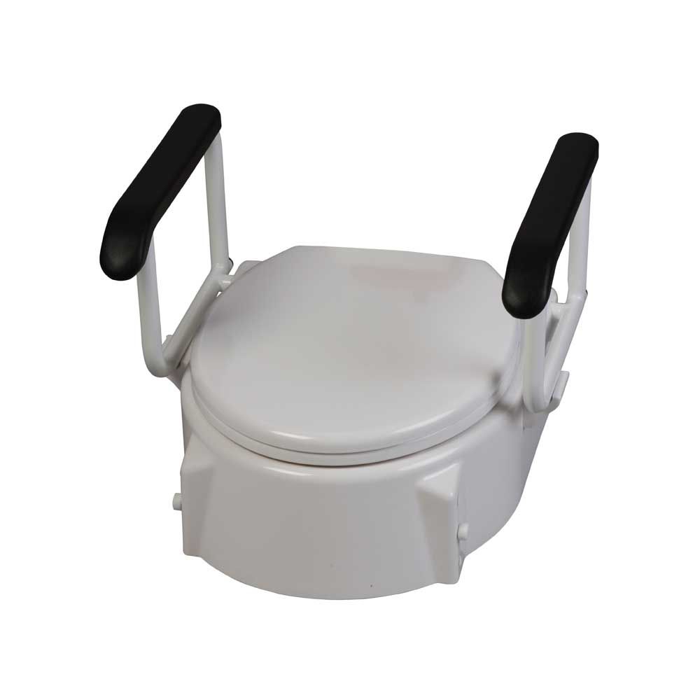 Behrend Toilettensitzerhöhung mit schwarzen Armlehnen und rundem Sitz, weiß