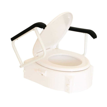Behrend Toilettensitzerhöhung mit hochgeklapptem Deckel und Armlehnen, weiß