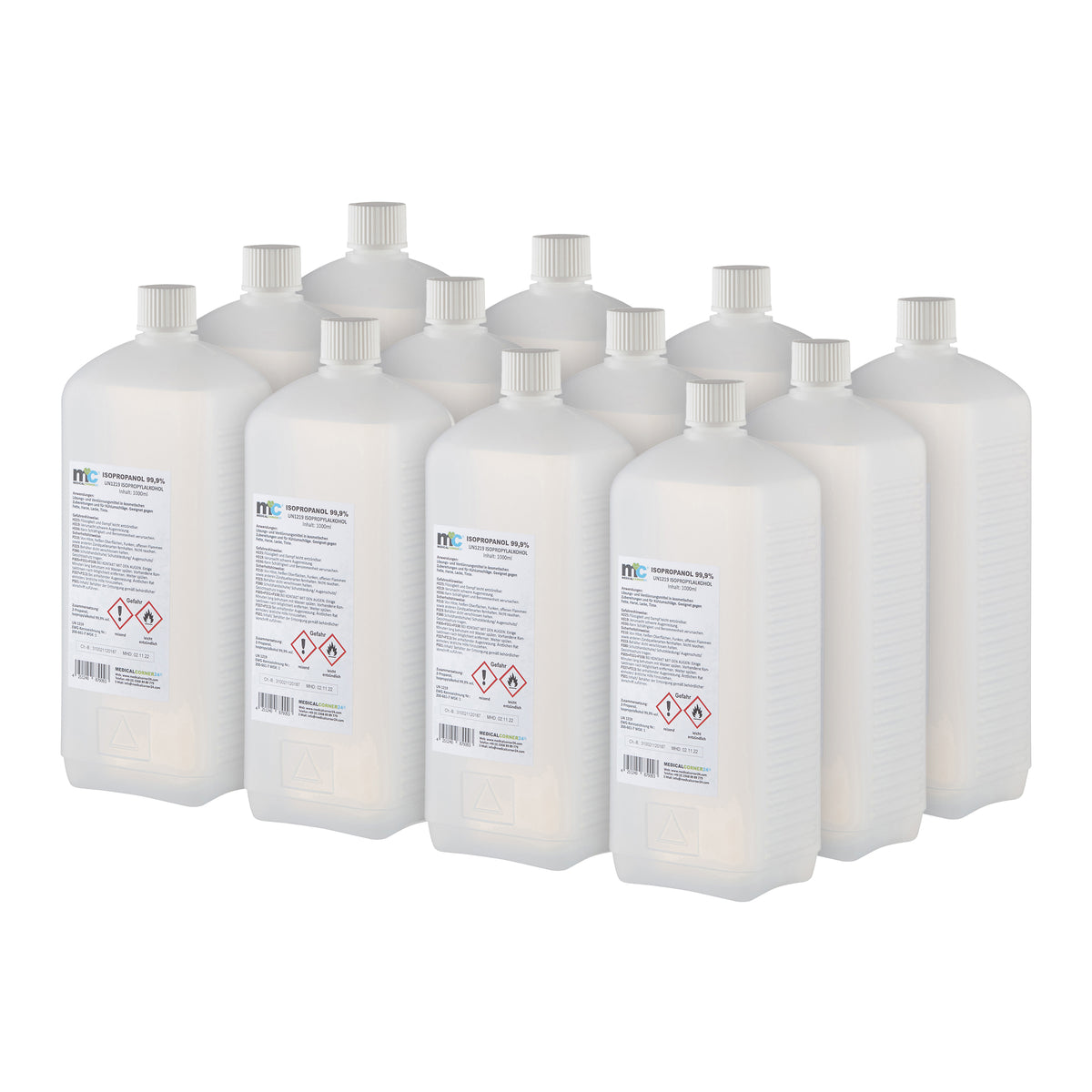 Isopropanol 99,9 % in mehreren Kunststoffflaschen mit weißen Schraubverschlüssen
