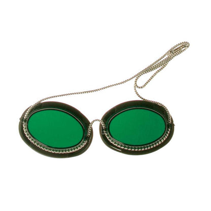 Höhensonnenbrille mit grünen Gläsern, dunklem Rand und Kordelband