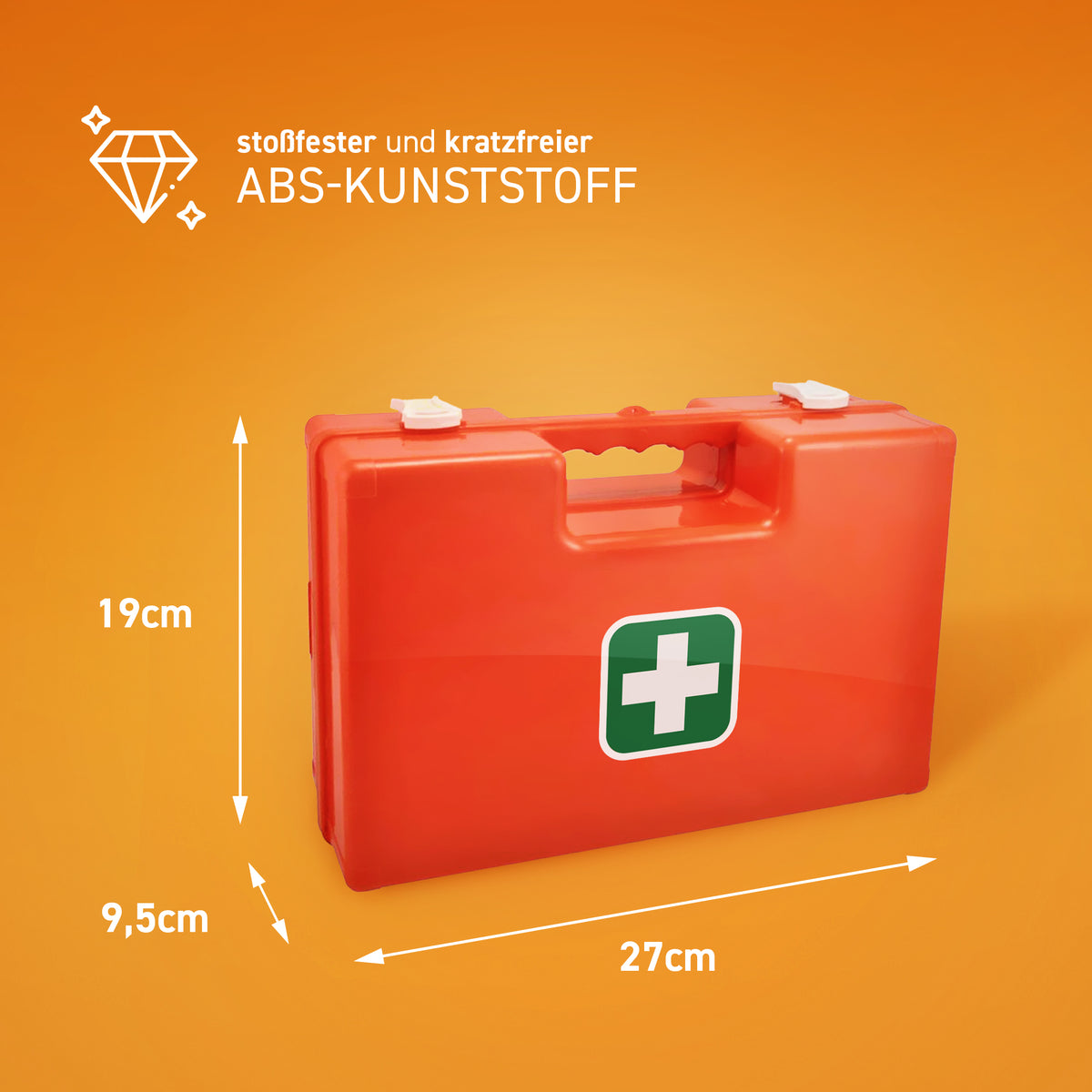 Erste-Hilfe-Koffer, orange, Maße ca. 27×19×9,5 cm, mit Schutzkreuz