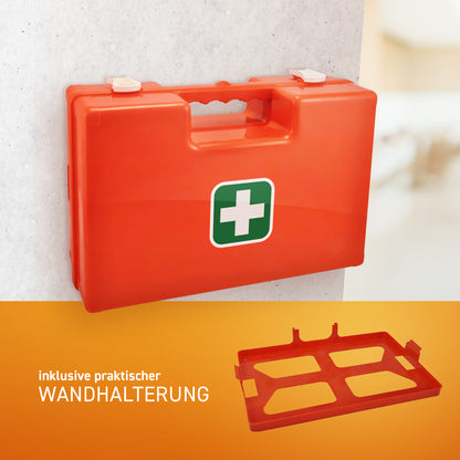 Erste-Hilfe-Koffer offen, orange, mit Verbandmaterial in transparenten Tüten