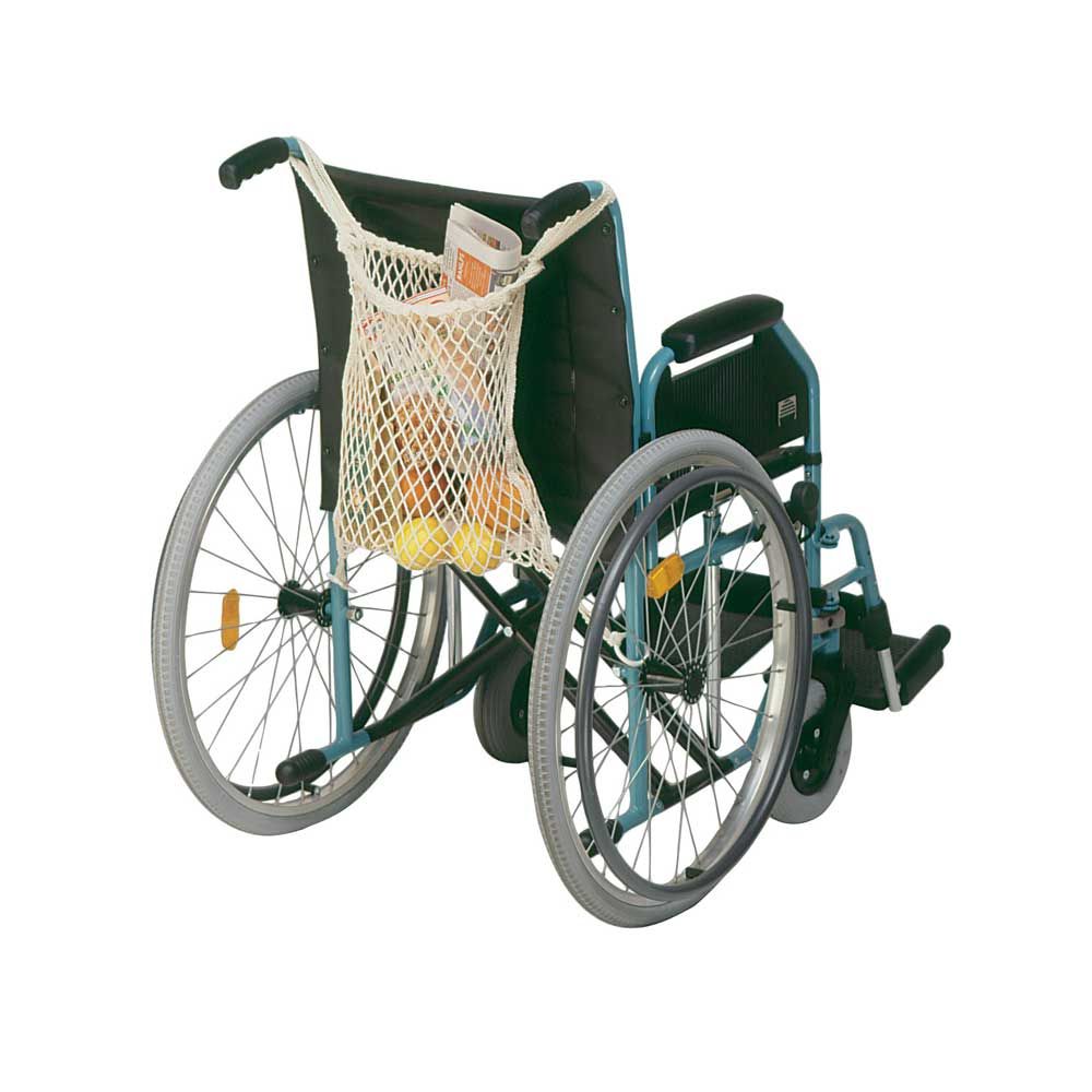 Behrend Rollstuhlnetz: weißes Aufbewahrungsnetz am Rollstuhl, mit sichtbarer Öffnung