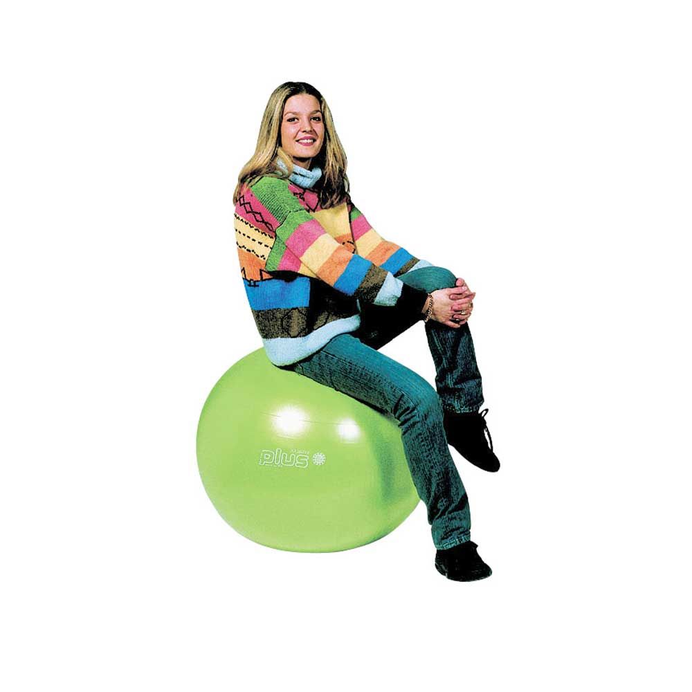 Grüner Sicherheits-Gymnastikball Plus mit Plus-Schriftzug, an der Hüfte gehalten