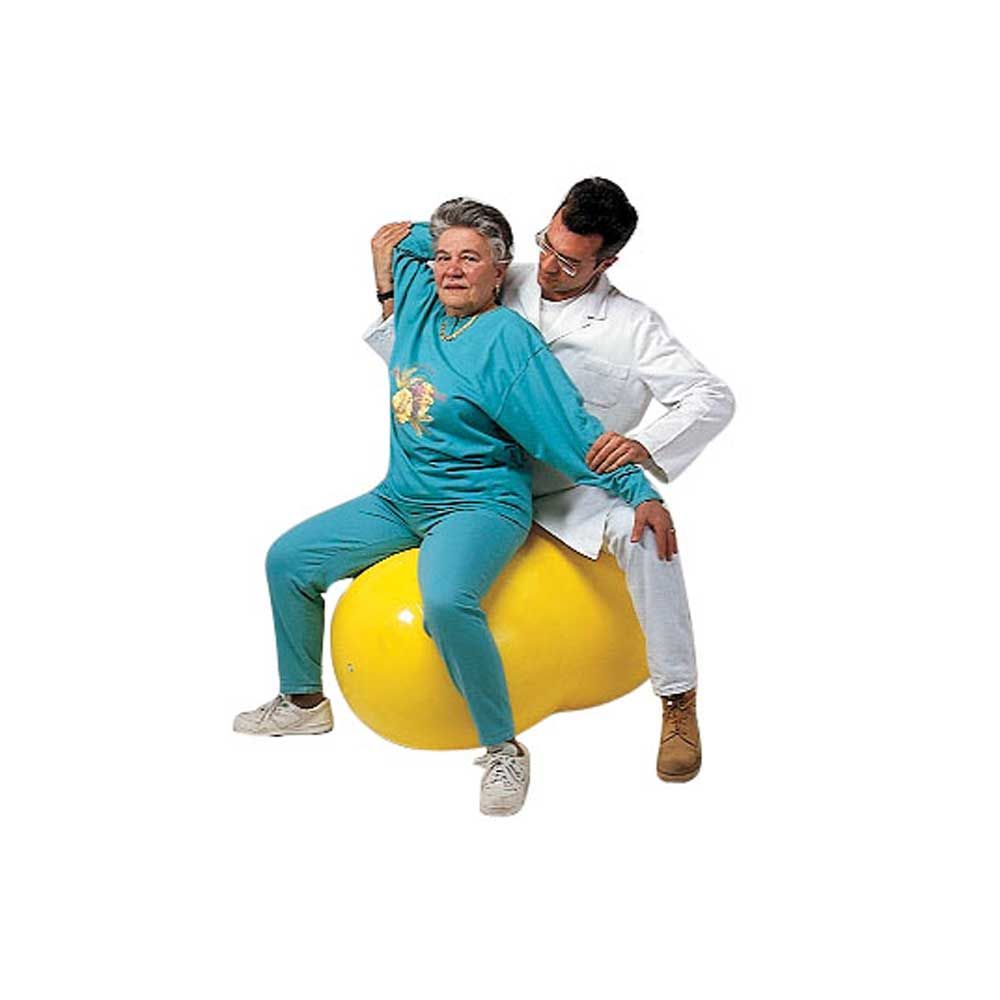 Gelber Doppelball-Physio-Roll, in Übungsposition unter einer sitzenden Person