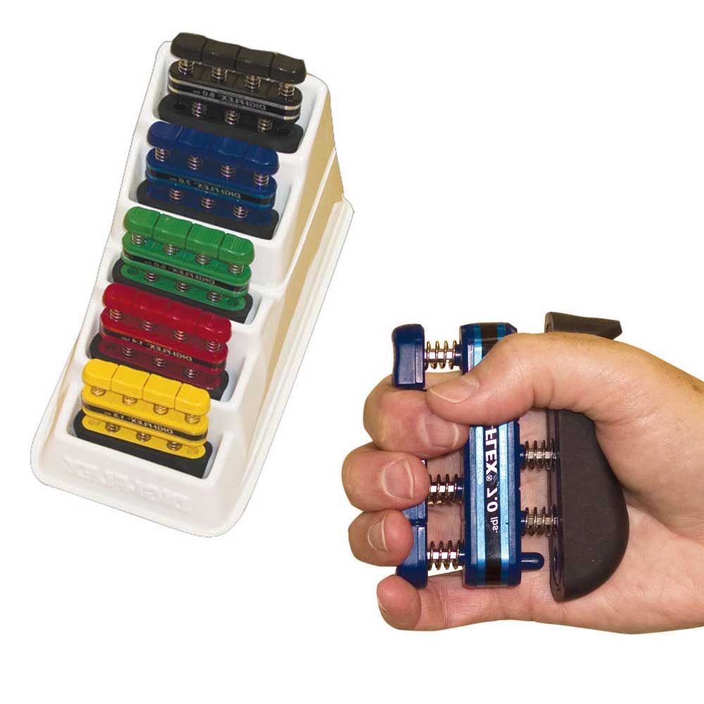 Fingertrainer von Behrend: Widerstandsclips in der Hand, blauer Clip vorne