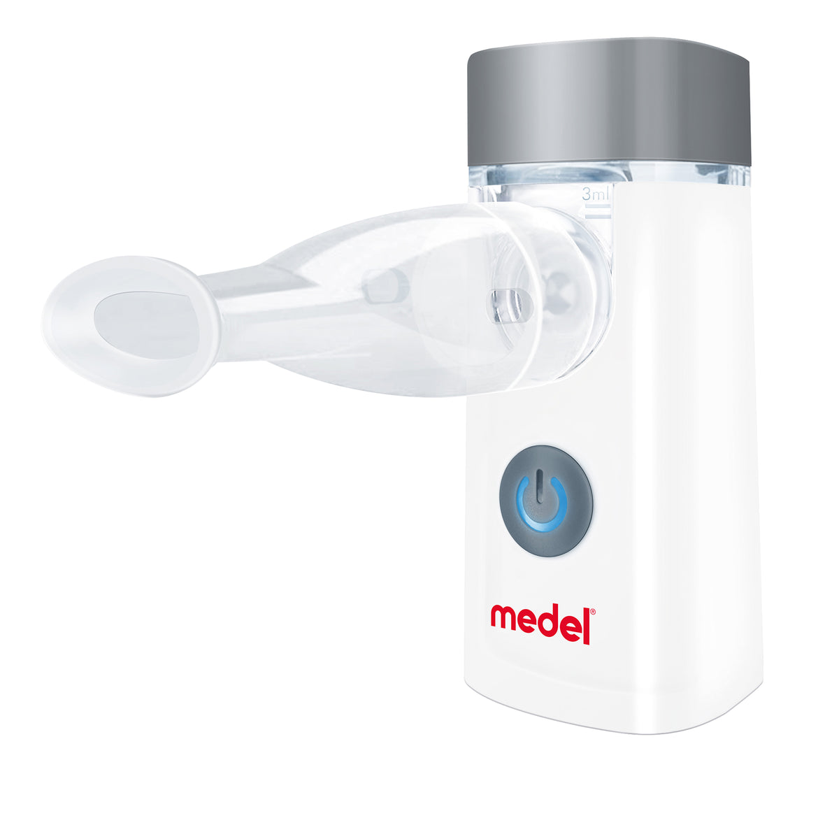 Medel AIR COMPACT Inhalator, weißes Gerät mit blauer Taste und Aufsatz