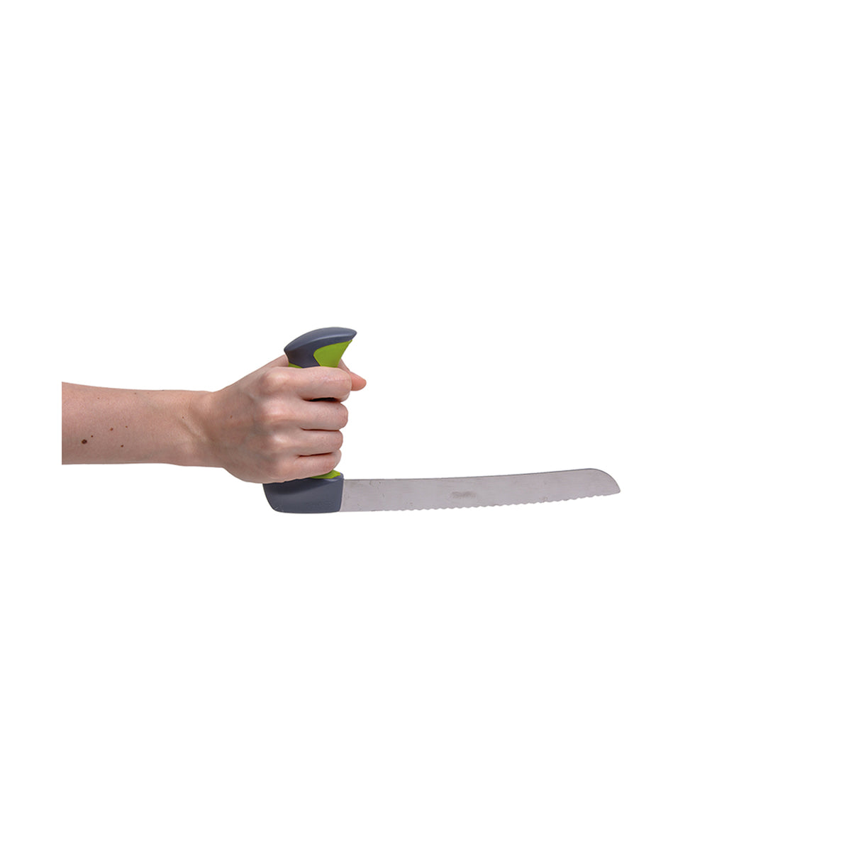 Sundo EASI-GRIP Brotmesser mit grau-grünem Griff und langer Klinge, in Hand gehalten