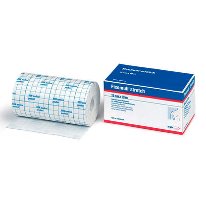 BSN Fixomull® Stretch Klebevlies-Rolle und Verpackung, 15 cm x 10 m