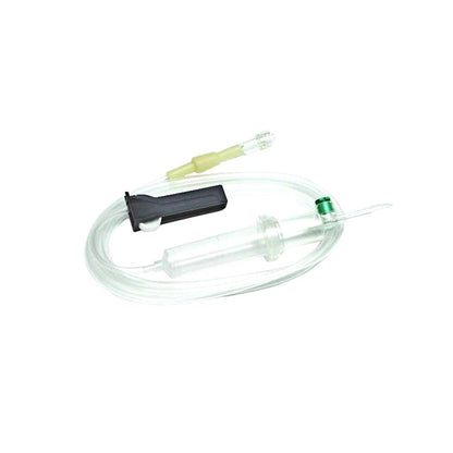 Infusionsbesteck mit transparentem Schlauch, Tropfkammer und grünem Anschlussstutzen