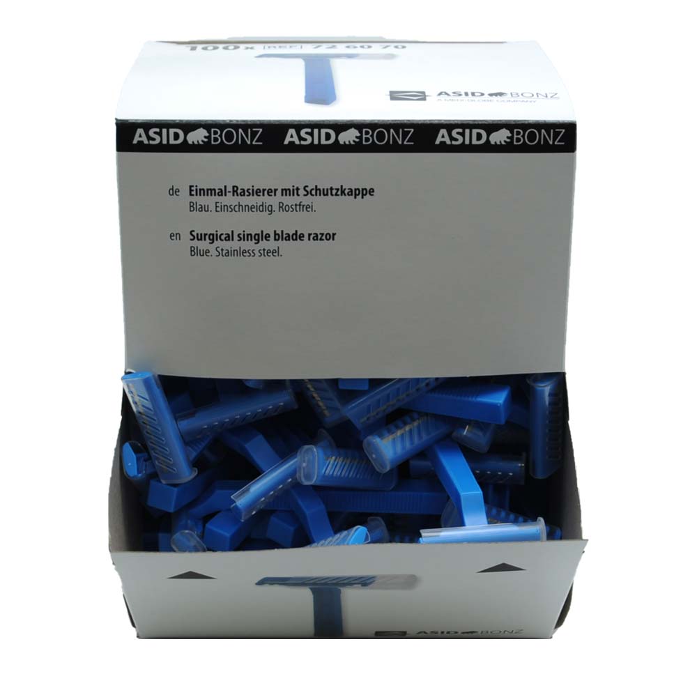 Einmal-Rasierer mit Schutzkappe, blau, rostfrei, doppelseitig, ASID BONZ, 100 St.