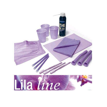 Lila Zahnarzt-Behandlungsset mit Bechern, Tüchern, Applikatoren und Flasche