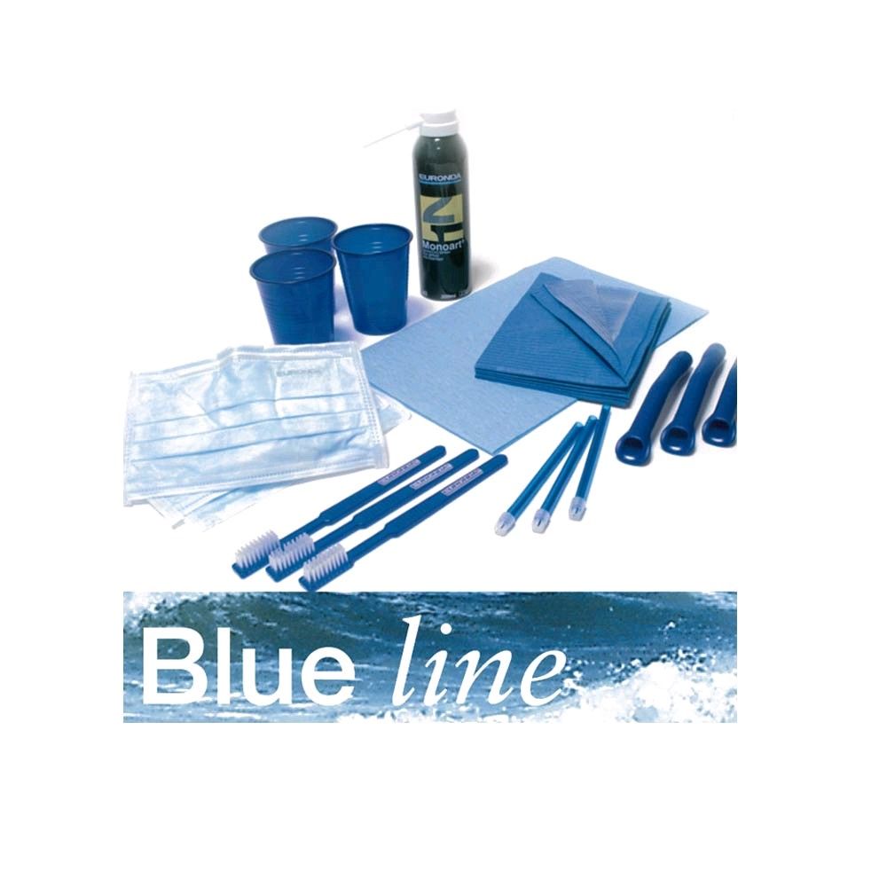 Behandlungsset in Blau: Becher, Einlagen, Instrumente und Flasche