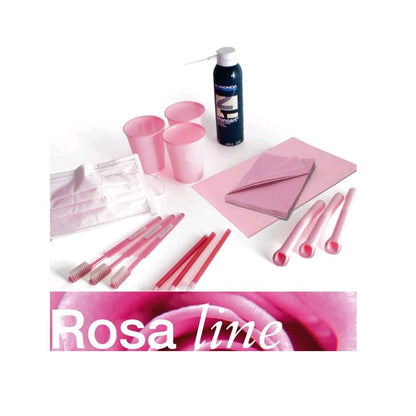 Behandlungsset in Rosa: Becher, Einlagen, Instrumente und Flasche