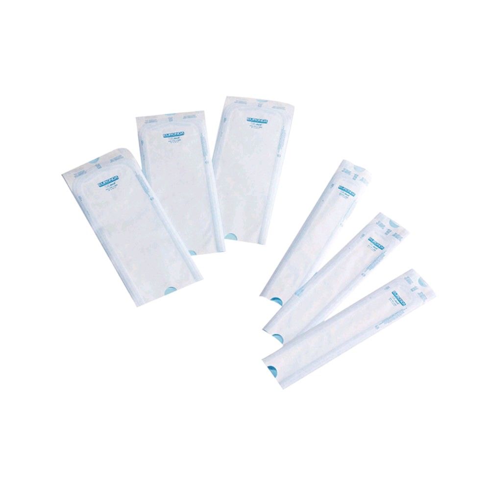 Set Sterilisationsbeutel, selbstklebend; 200 Stück, mehrere Folienbeutel mit blauer Etikettierung