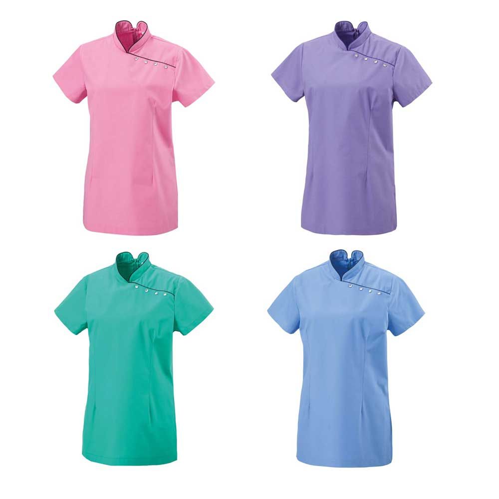 Tunika mit Stehkragen, Kurzarm und Paspel, in mehreren Farben (rosa, lila, grün, blau)