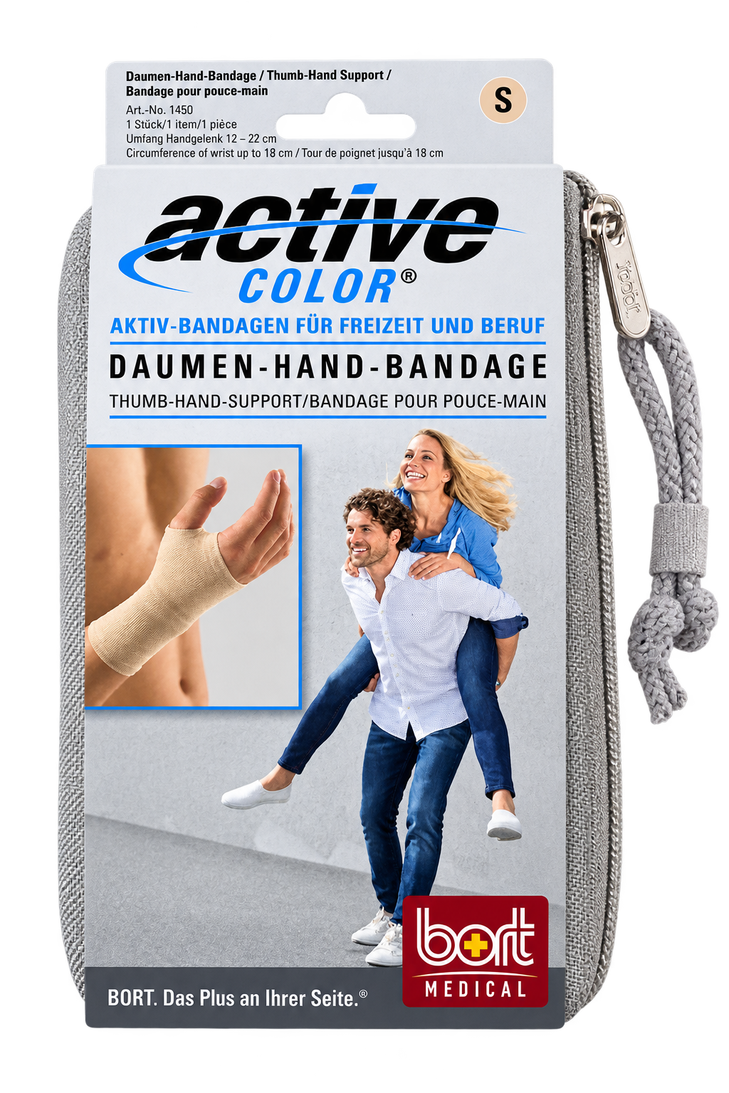 Daumen-Hand-Bandage mit hautfarbener Daumenstütze und Kordelaufhängung