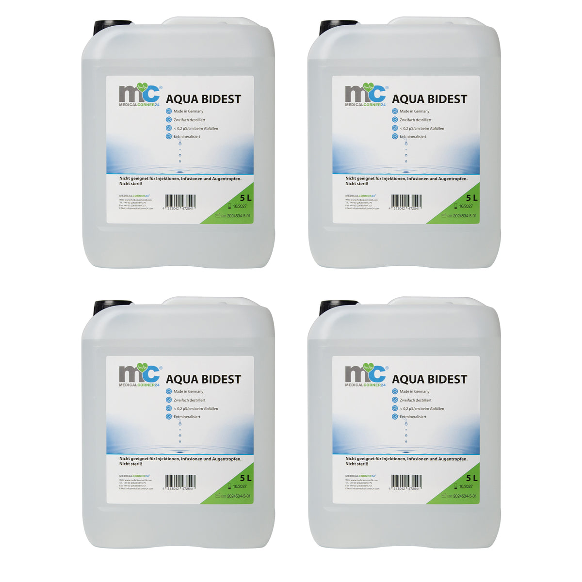 Bidestilliertes Wasser AQUA BIDEST, vier 5-L-Kanister aus Kunststoff im Set