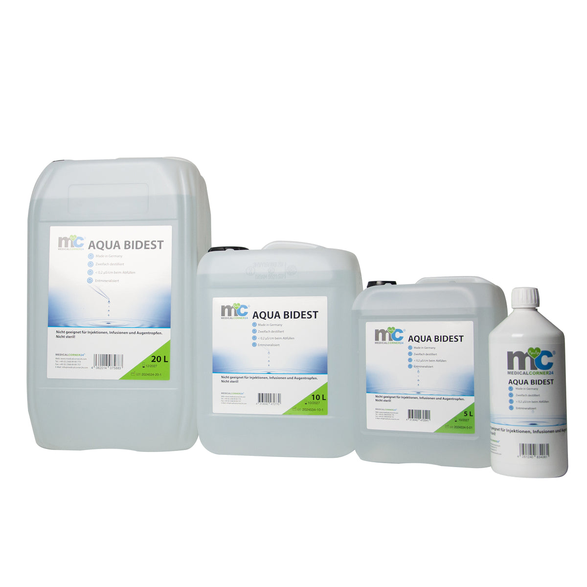 Bidestilliertes Wasser AQUA BIDEST: Kanister 20/10/5 L und Flasche 1 L, verschiedene Größen