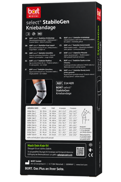 Kniebandage-Verpackung Rückseite mit Größen- und Anwendungshinweisen