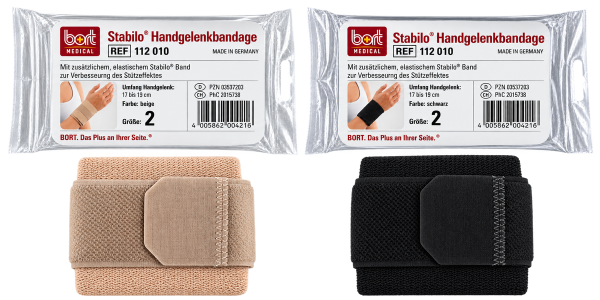 Bort Stabilo Handgelenkbandage: beige und schwarze Bandage mit Klettverschluss