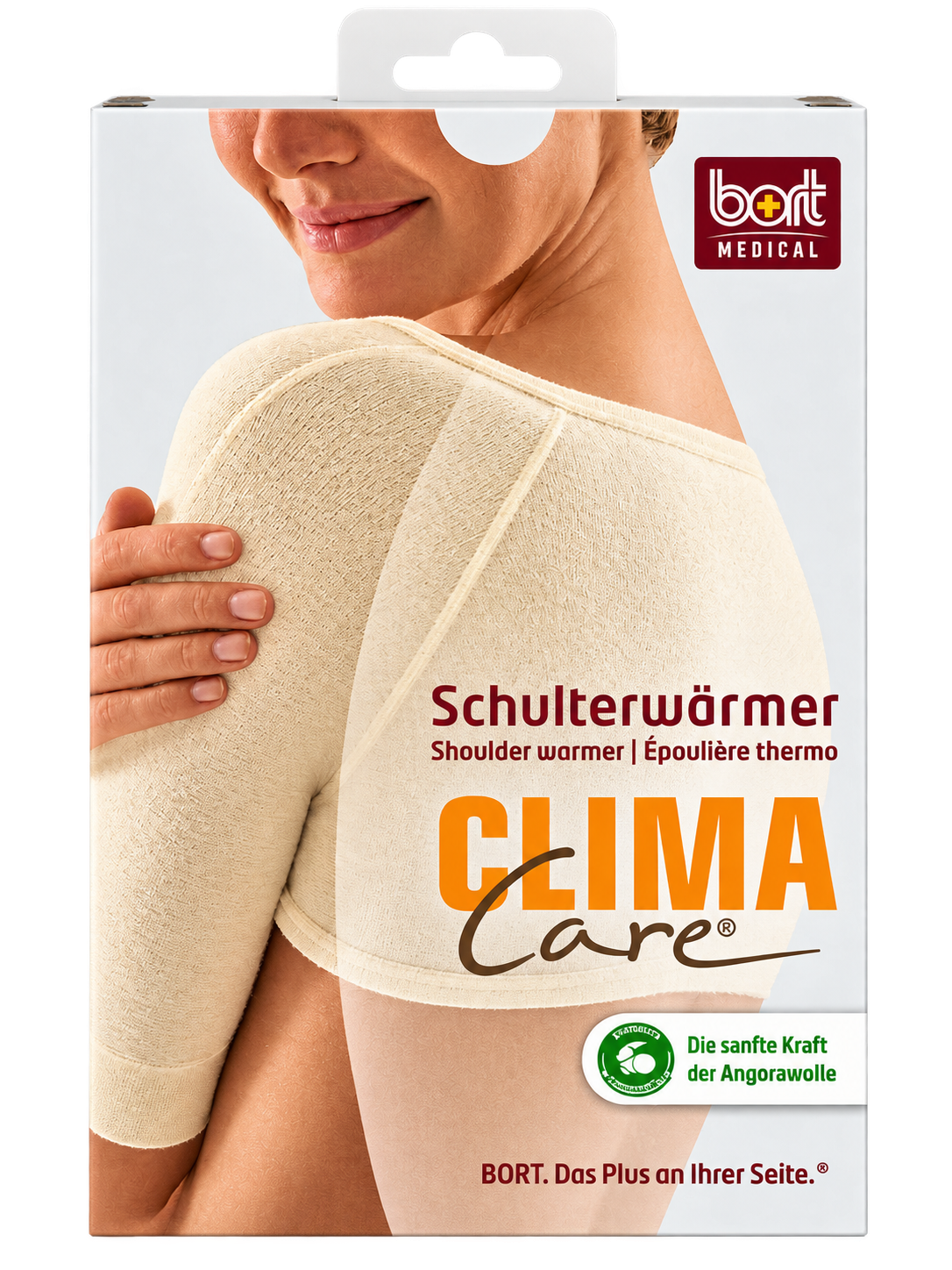 Schulterwärmer ClimaCare® von Bort, cremefarbener Stoffwärmer mit Logo auf der Packung