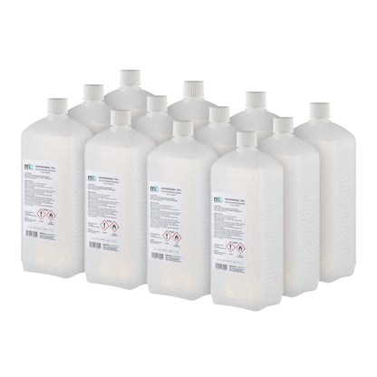 Reihe Isopropanol 70%-Flaschen mit weißen Schraubverschlüssen und Sicherheitsaufklebern