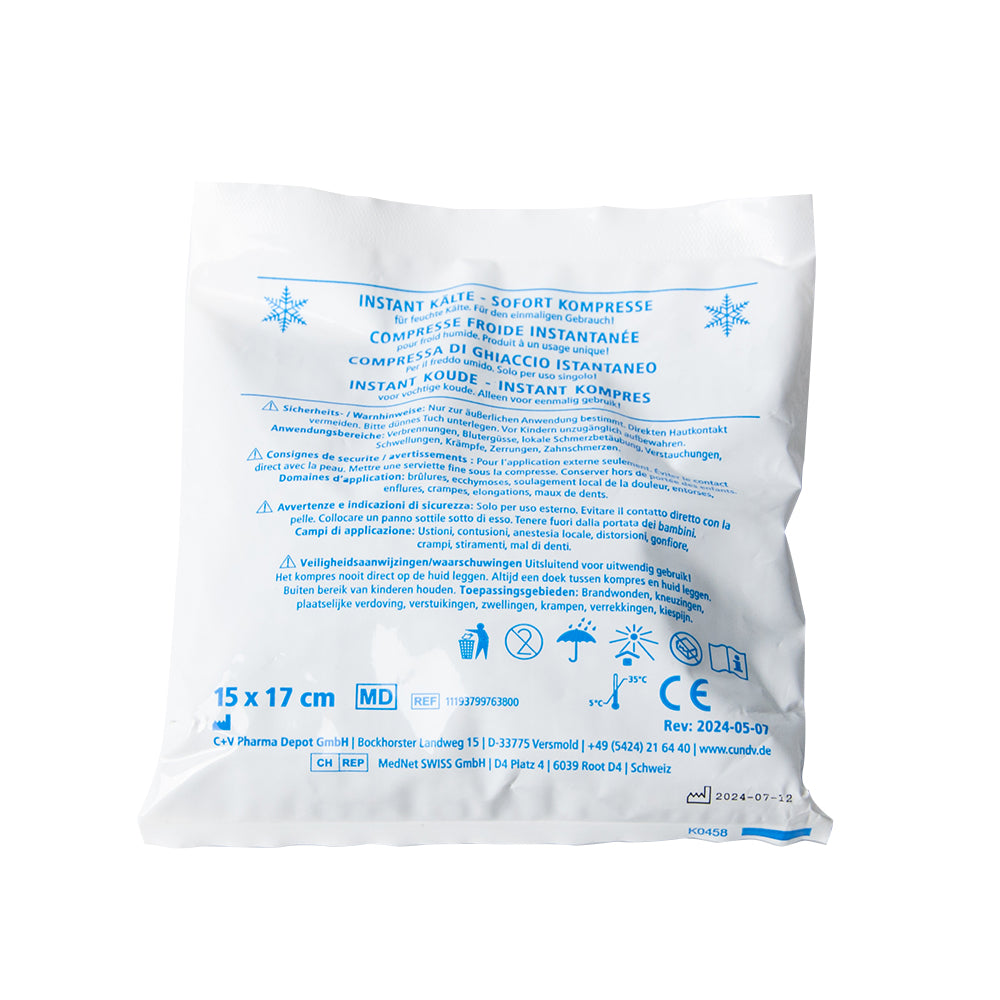 Weiße Kompressentüte mit blauem Text und Größenangabe 15×17 cm auf Rückseite