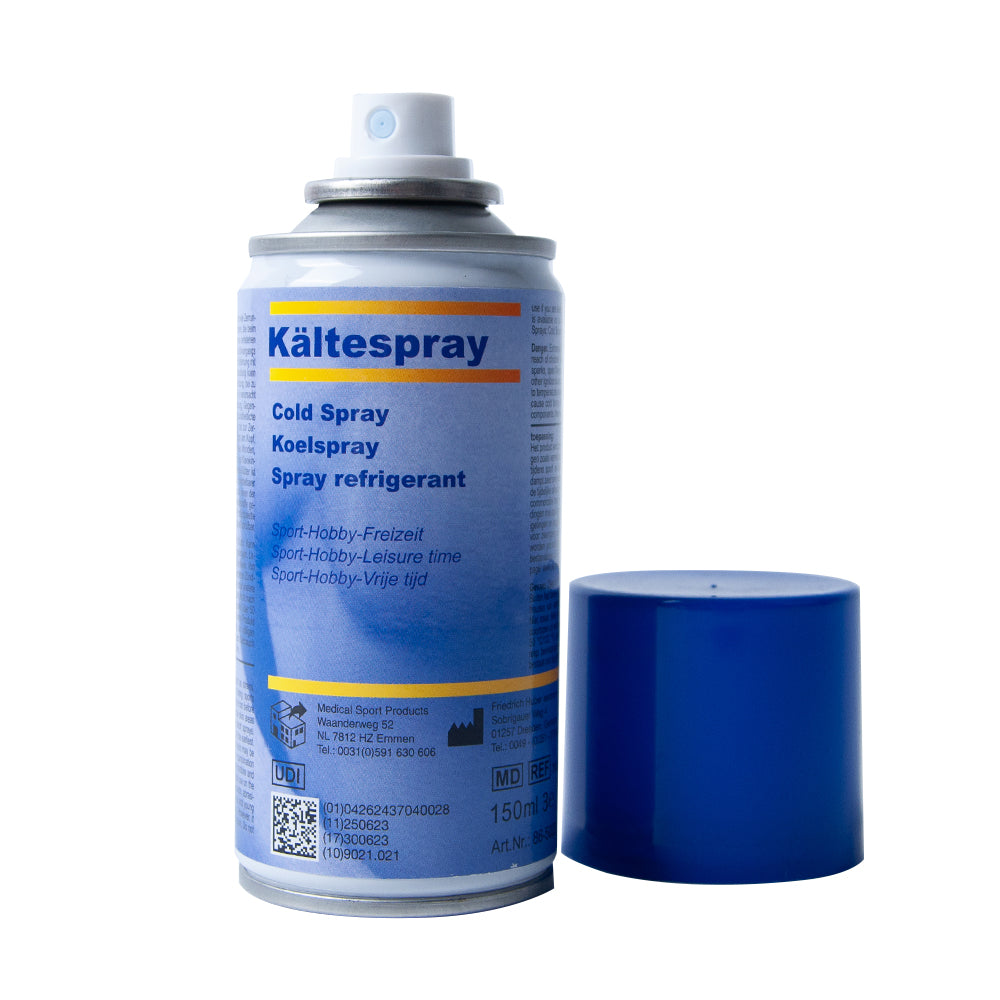 Kältespray-Dose mit abgenommenem Dosierkopf und blauem Sprühdeckel