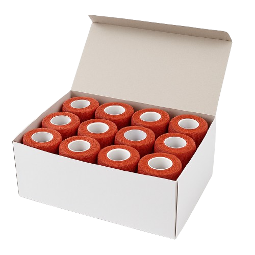 Selbsthaftende Vliesbandage-Rollen im Karton, rot, 7,5 cm