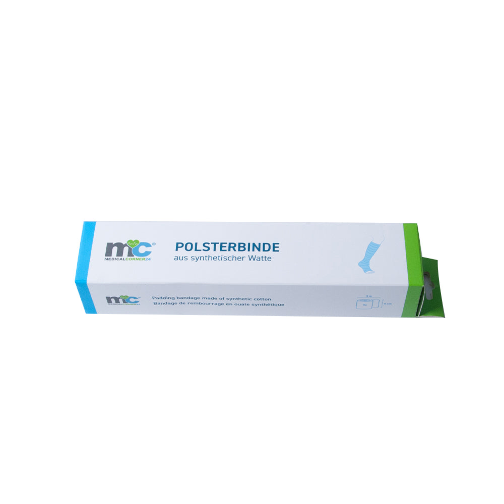 Polsterbinde-Verpackung mit Frontseite, blaue Beschriftung und grünem Verpackungsrand
