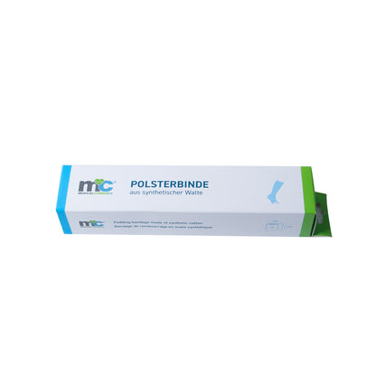 Polsterbinde-Verpackung mit Frontseite, blaue Beschriftung und grünem Verpackungsrand
