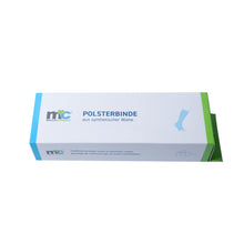 Polsterbinde-Verpackung seitlich/angeschnitten, weiß mit blauem und grünem Abschluss