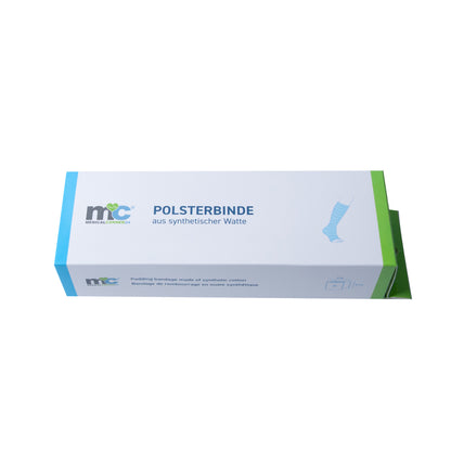 Polsterbinde-Verpackung seitlich/angeschnitten, weiß mit blauem und grünem Abschluss