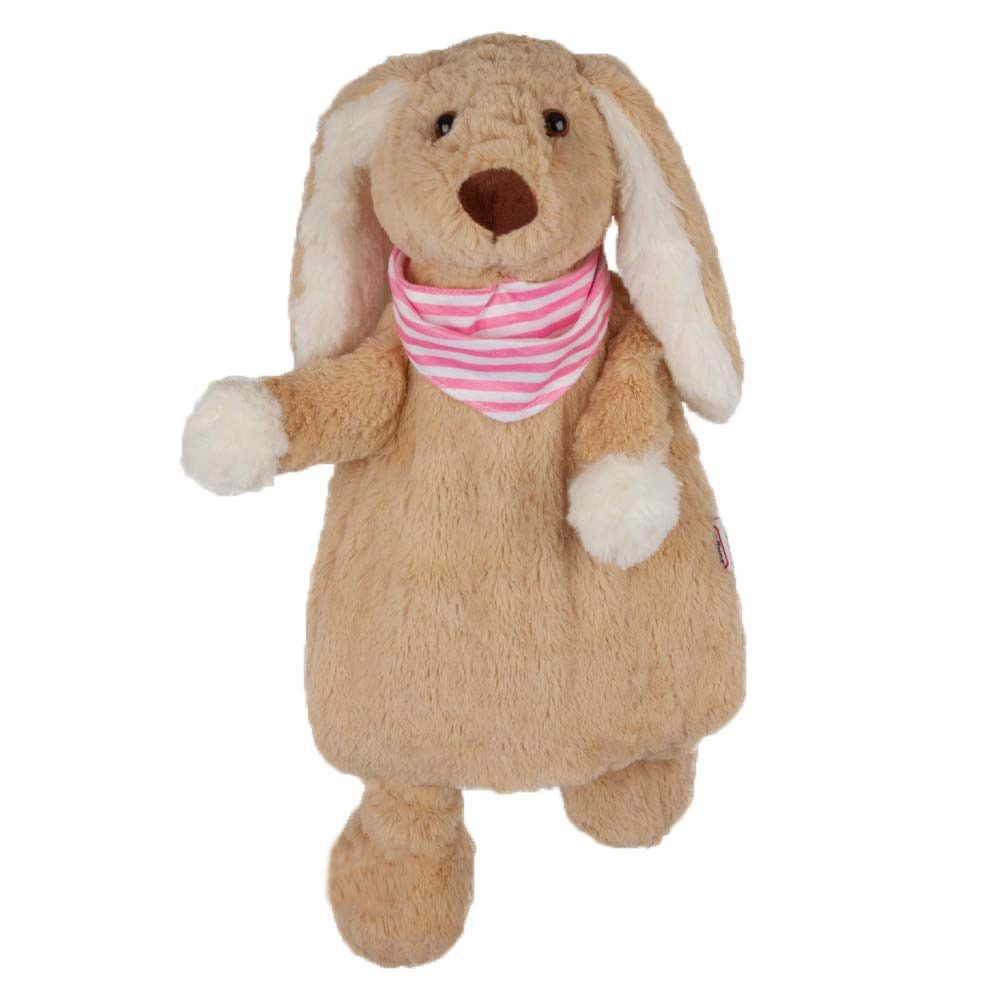 Plüschhund mit beigem Fell und rosa gestreiftem Halstuch, stehende Tierfigur