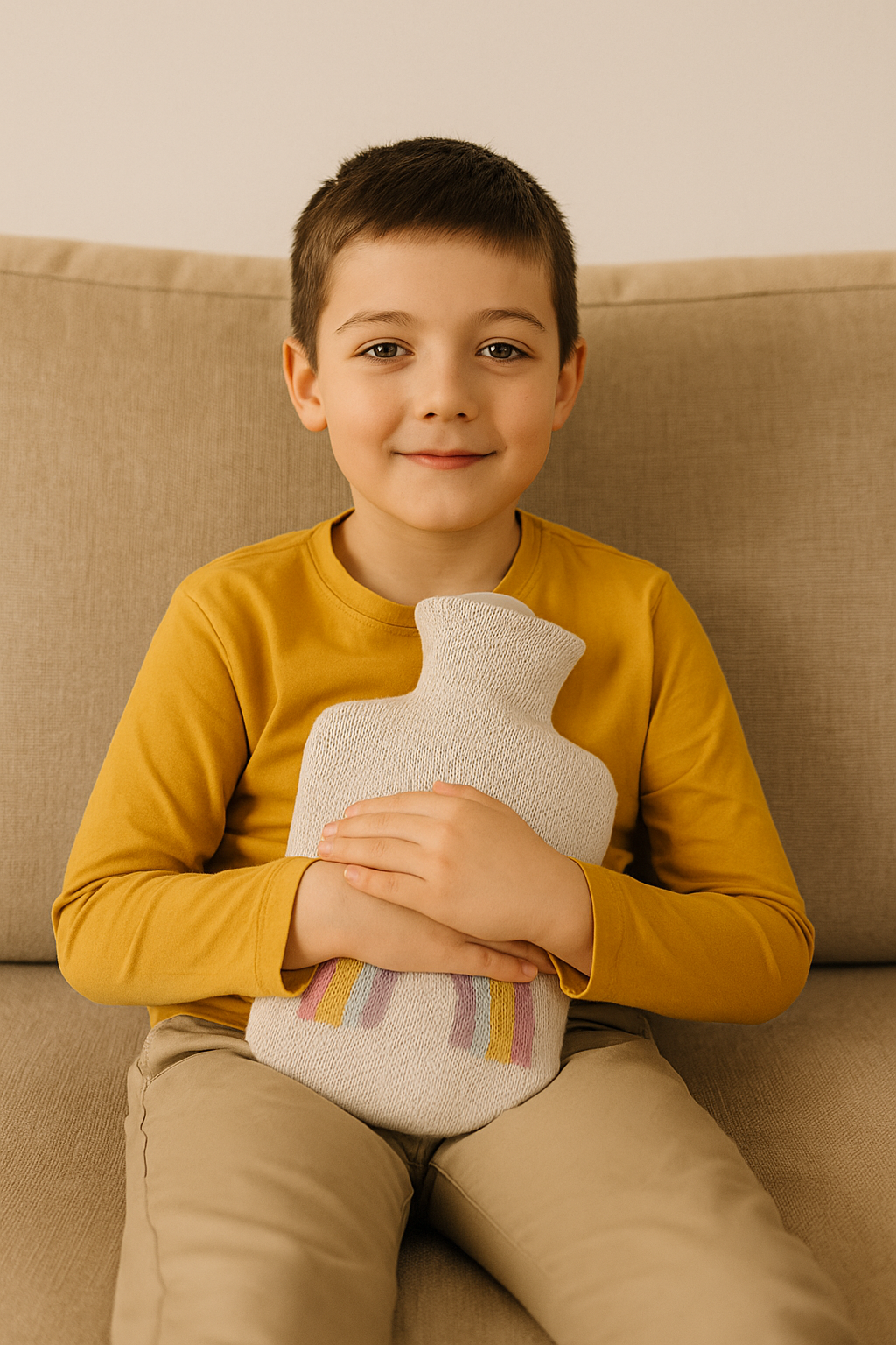 Wärmflasche mit Strickbezug und Regenbogenmotiv, in Kinderarmen vor dem Bauch