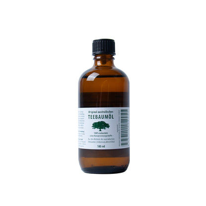 Teebaumöl-Flasche 100 ml, bernsteinfarbenes Öl, schwarzer Schraubverschluss